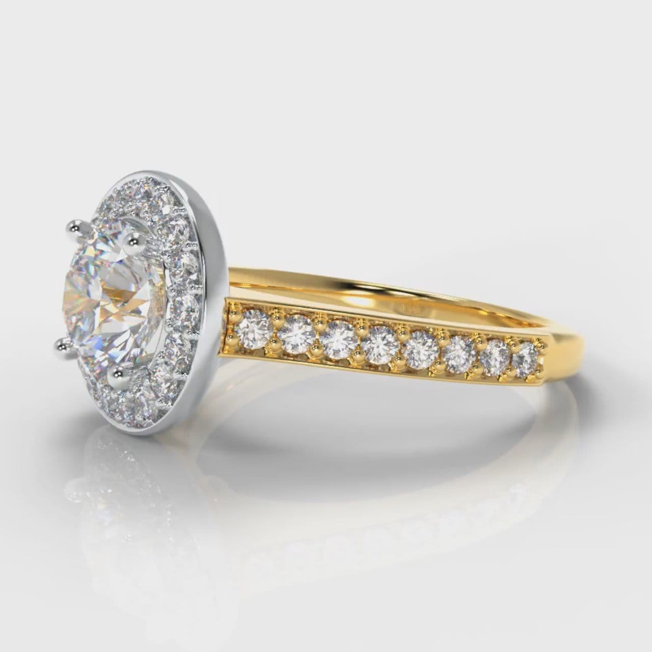 Pavé Round Brilliant Diamond Halo Engagement Ring - Two Tone Yellow Gold