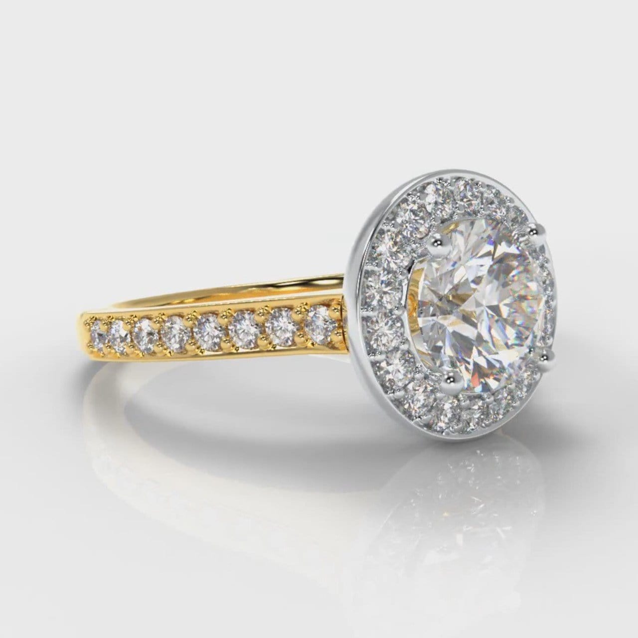 Pavé Round Brilliant Diamond Halo Engagement Ring - Two Tone Yellow Gold