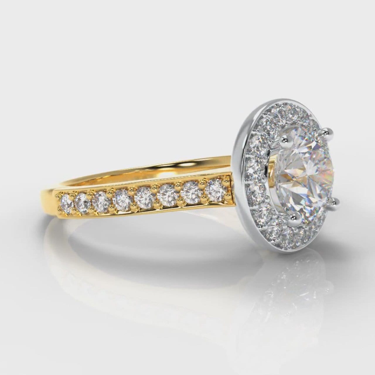 Pavé Round Brilliant Diamond Halo Engagement Ring - Two Tone Yellow Gold