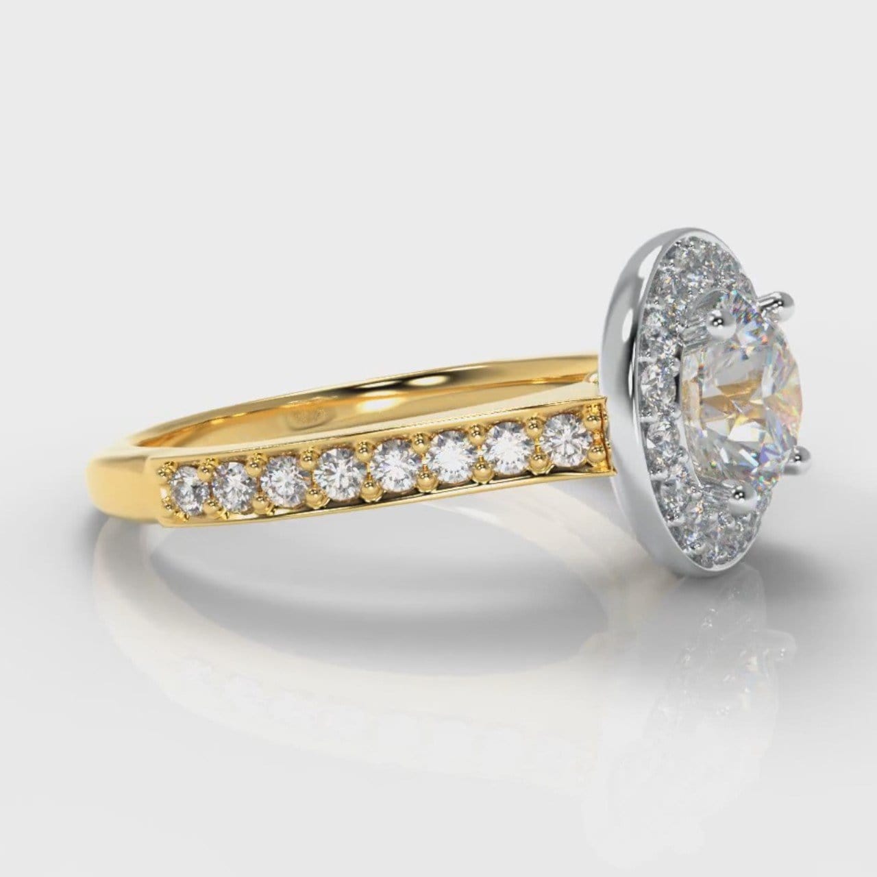 Pavé Round Brilliant Diamond Halo Engagement Ring - Two Tone Yellow Gold