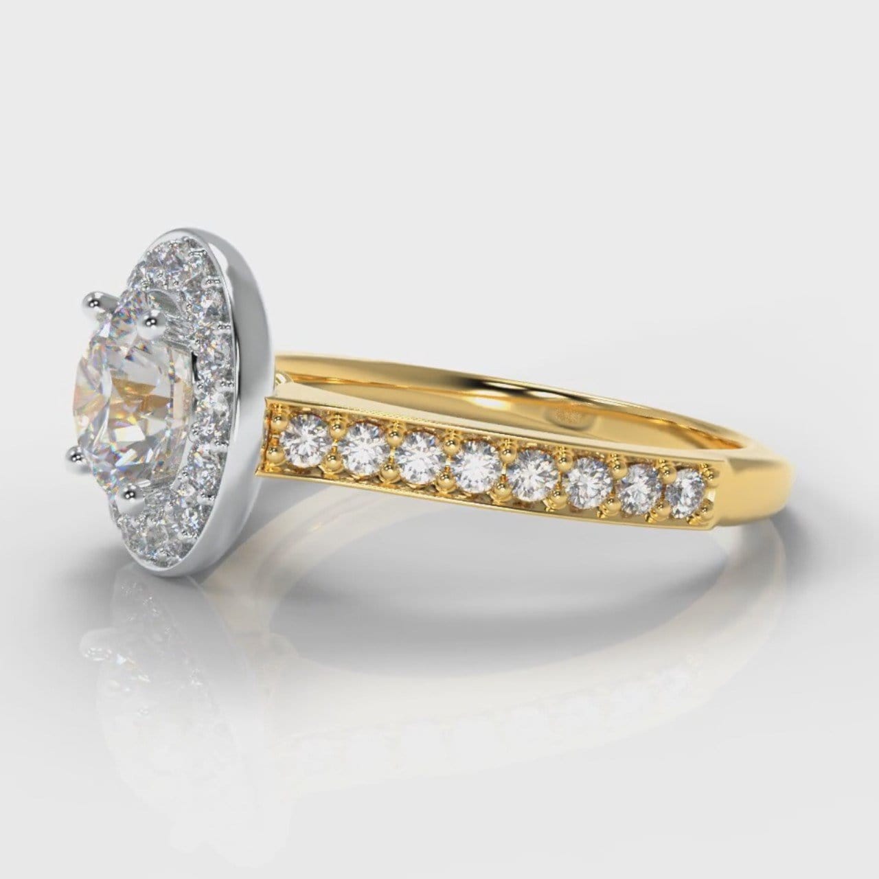 Pavé Round Brilliant Diamond Halo Engagement Ring - Two Tone Yellow Gold