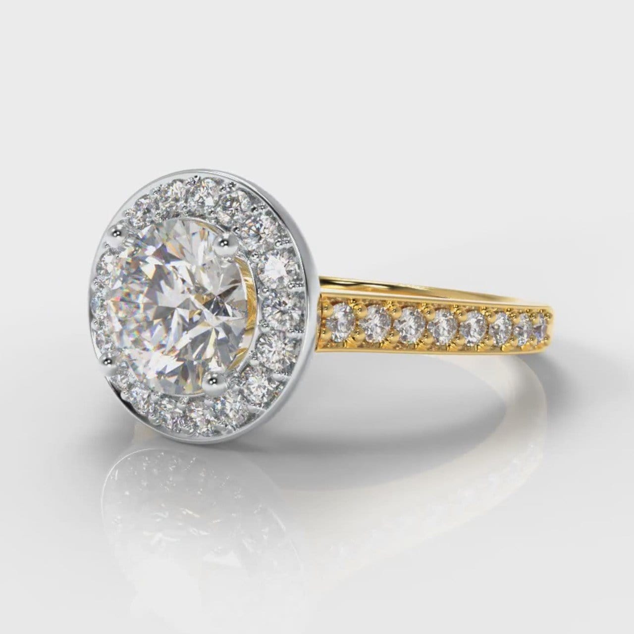 Pavé Round Brilliant Diamond Halo Engagement Ring - Two Tone Yellow Gold