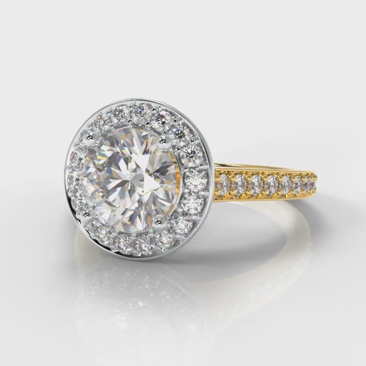 Pavé Round Brilliant Diamond Halo Engagement Ring - Two Tone Yellow Gold