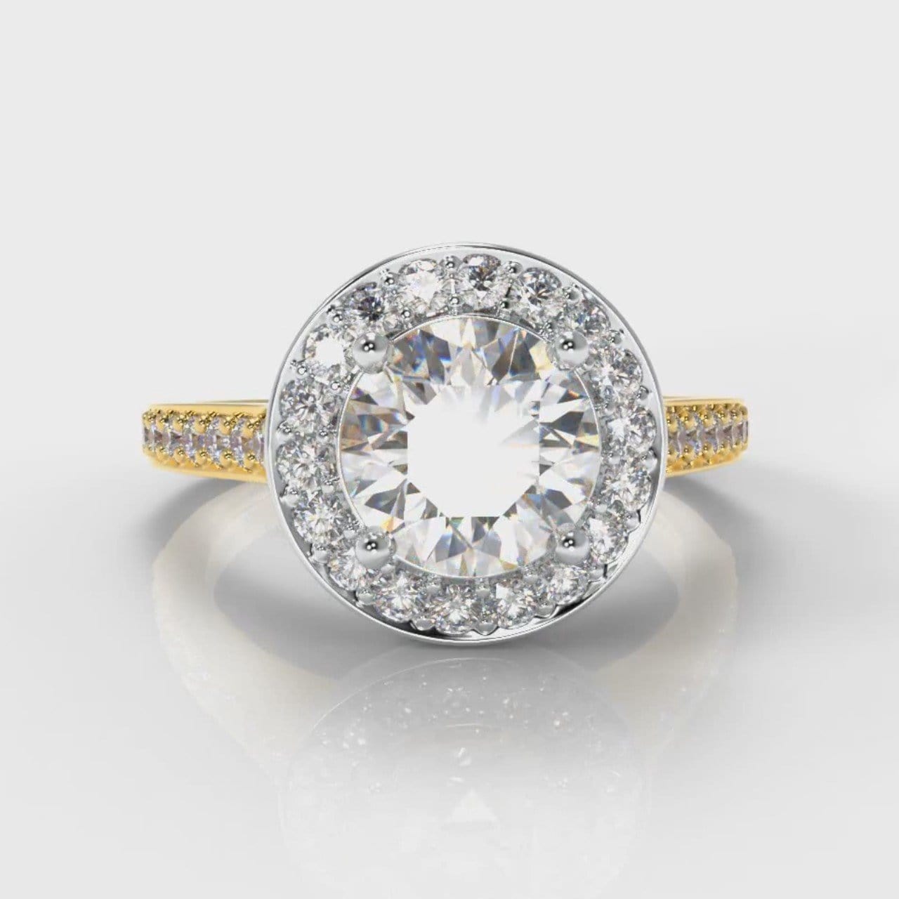 Pavé Round Brilliant Diamond Halo Engagement Ring - Two Tone Yellow Gold