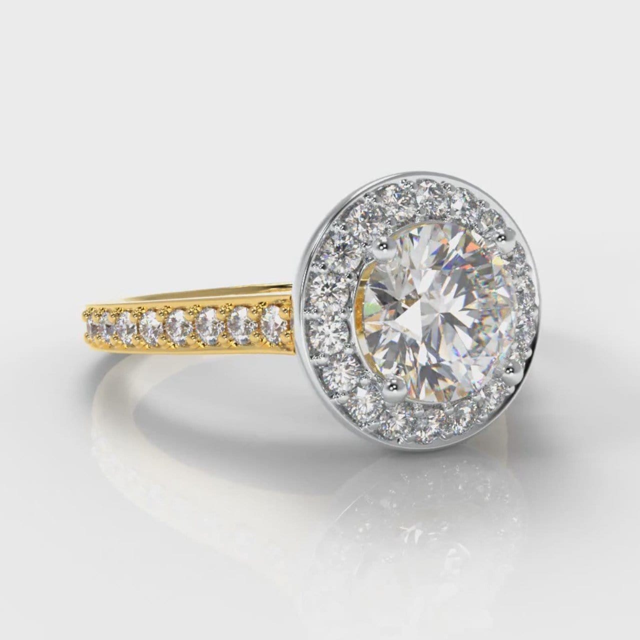 Pavé Round Brilliant Diamond Halo Engagement Ring - Two Tone Yellow Gold
