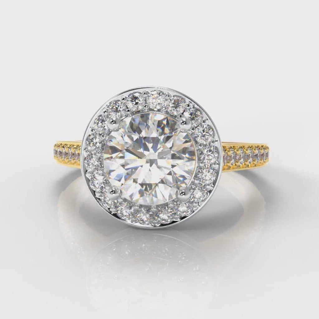 Pavé Round Brilliant Diamond Halo Engagement Ring - Two Tone Yellow Gold