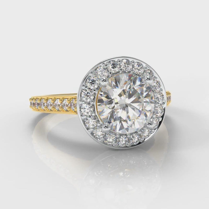 Pavé Round Brilliant Diamond Halo Engagement Ring - Two Tone Yellow Gold
