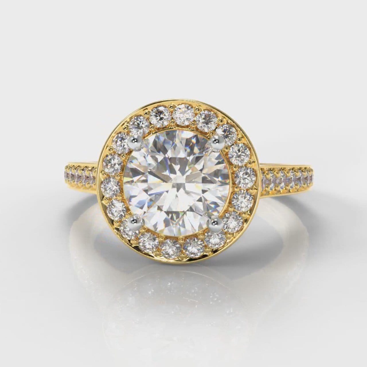Pavé Round Brilliant Diamond Halo Engagement Ring - Yellow Gold