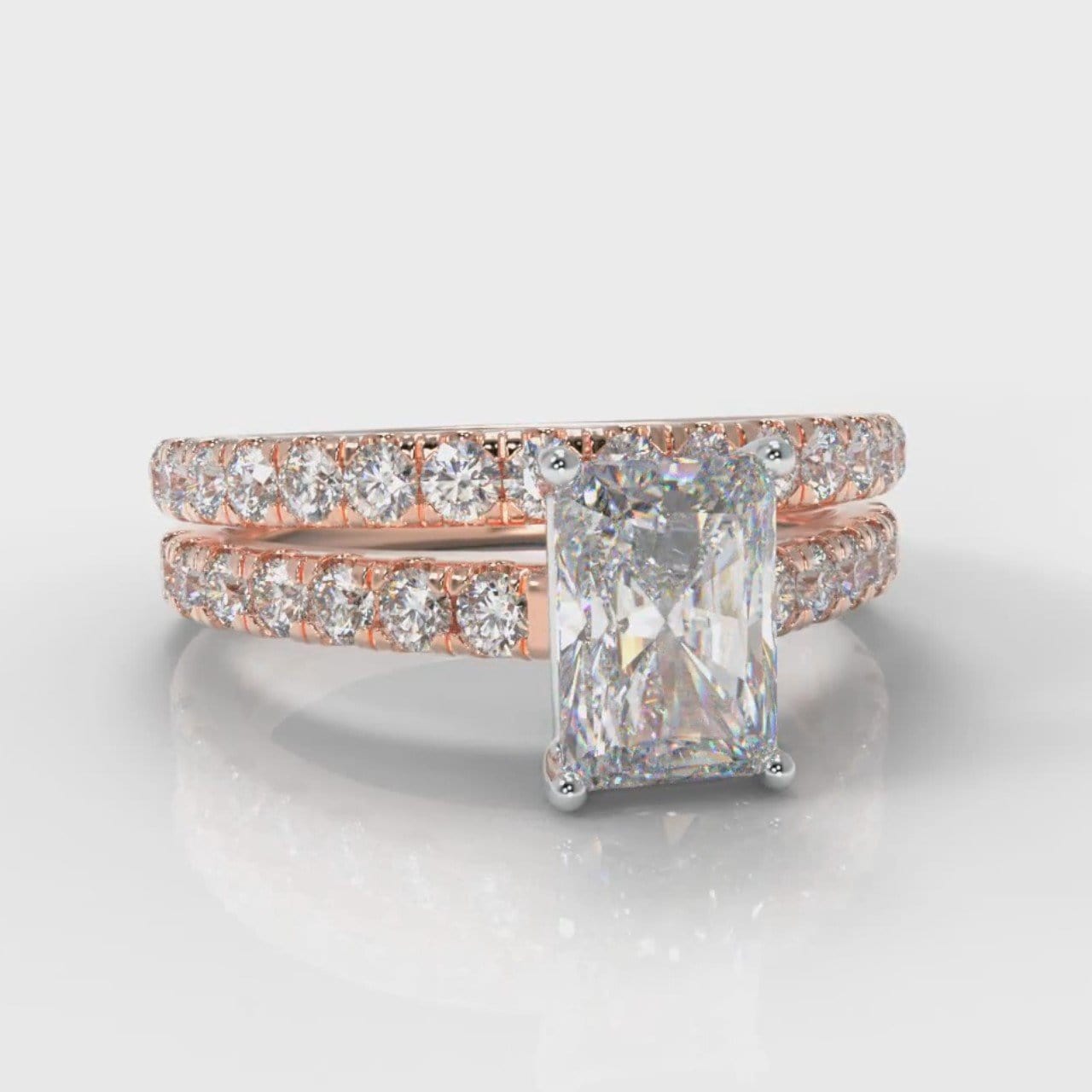 Carrée Micropavé Radiant Cut Diamond Bridal Set - Rose Gold