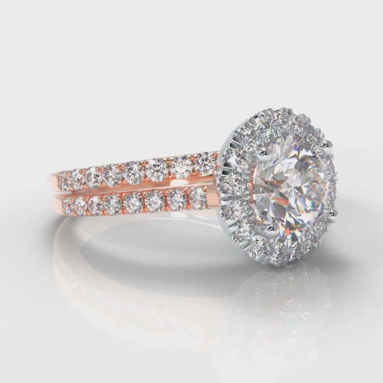 Petite Micropavé Round Brilliant Cut Diamond Halo Bridal Set - Two Tone Rose Gold