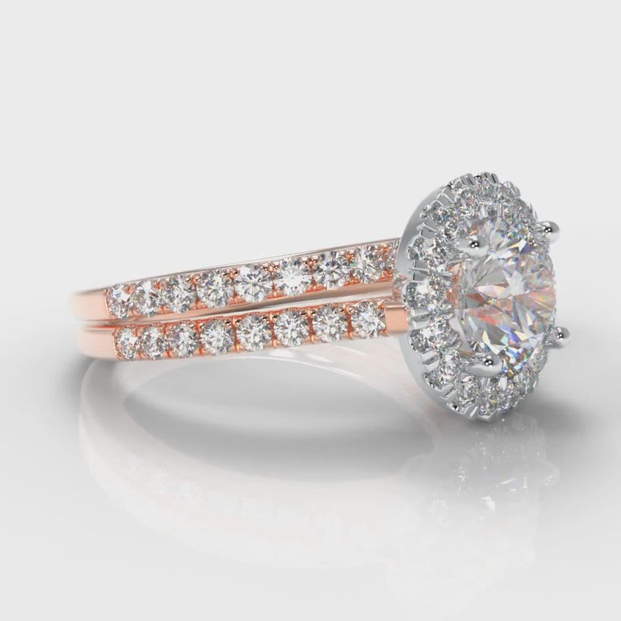 Petite Micropavé Round Brilliant Cut Diamond Halo Bridal Set - Two Tone Rose Gold