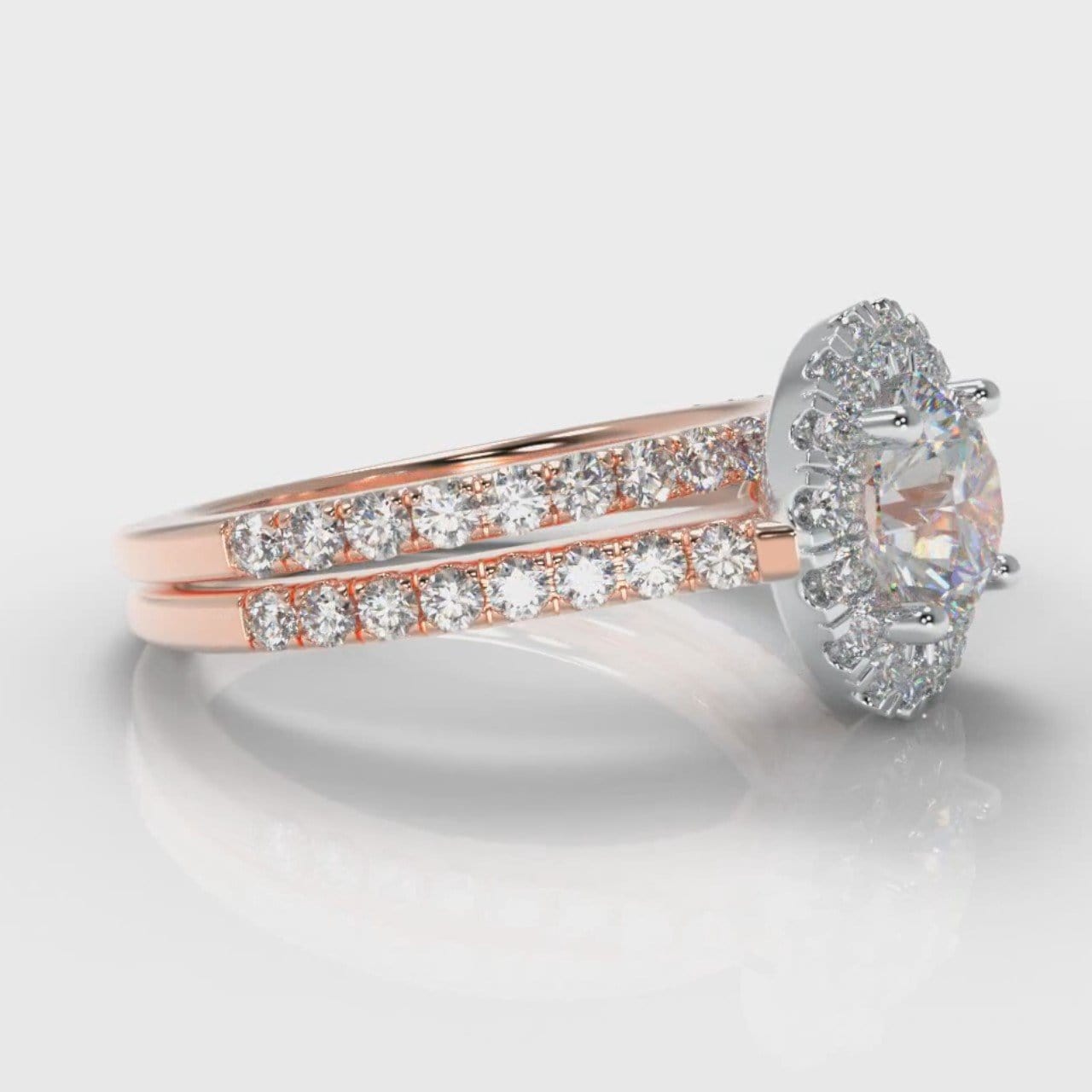 Petite Micropavé Round Brilliant Cut Diamond Halo Bridal Set - Two Tone Rose Gold