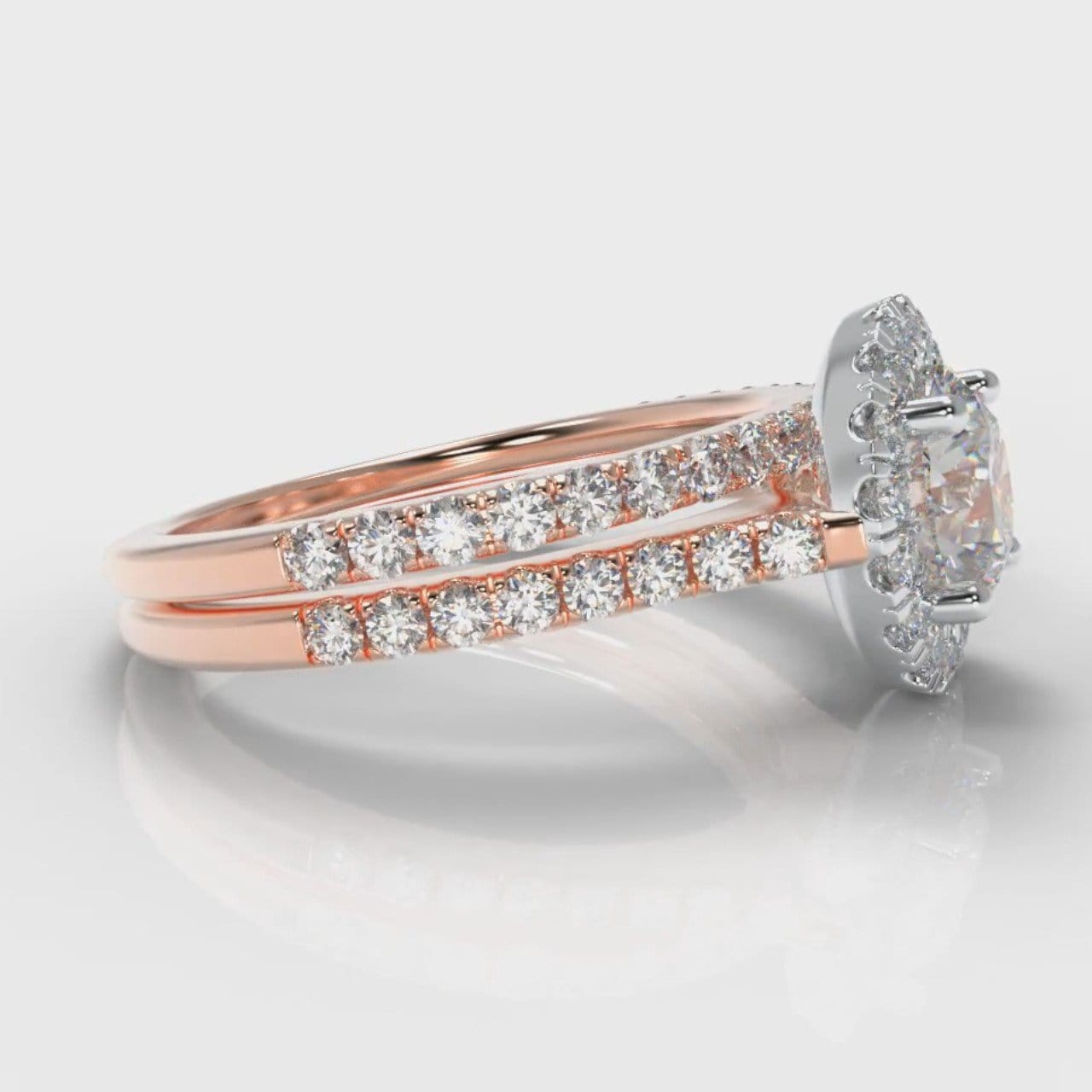 Petite Micropavé Round Brilliant Cut Diamond Halo Bridal Set - Two Tone Rose Gold