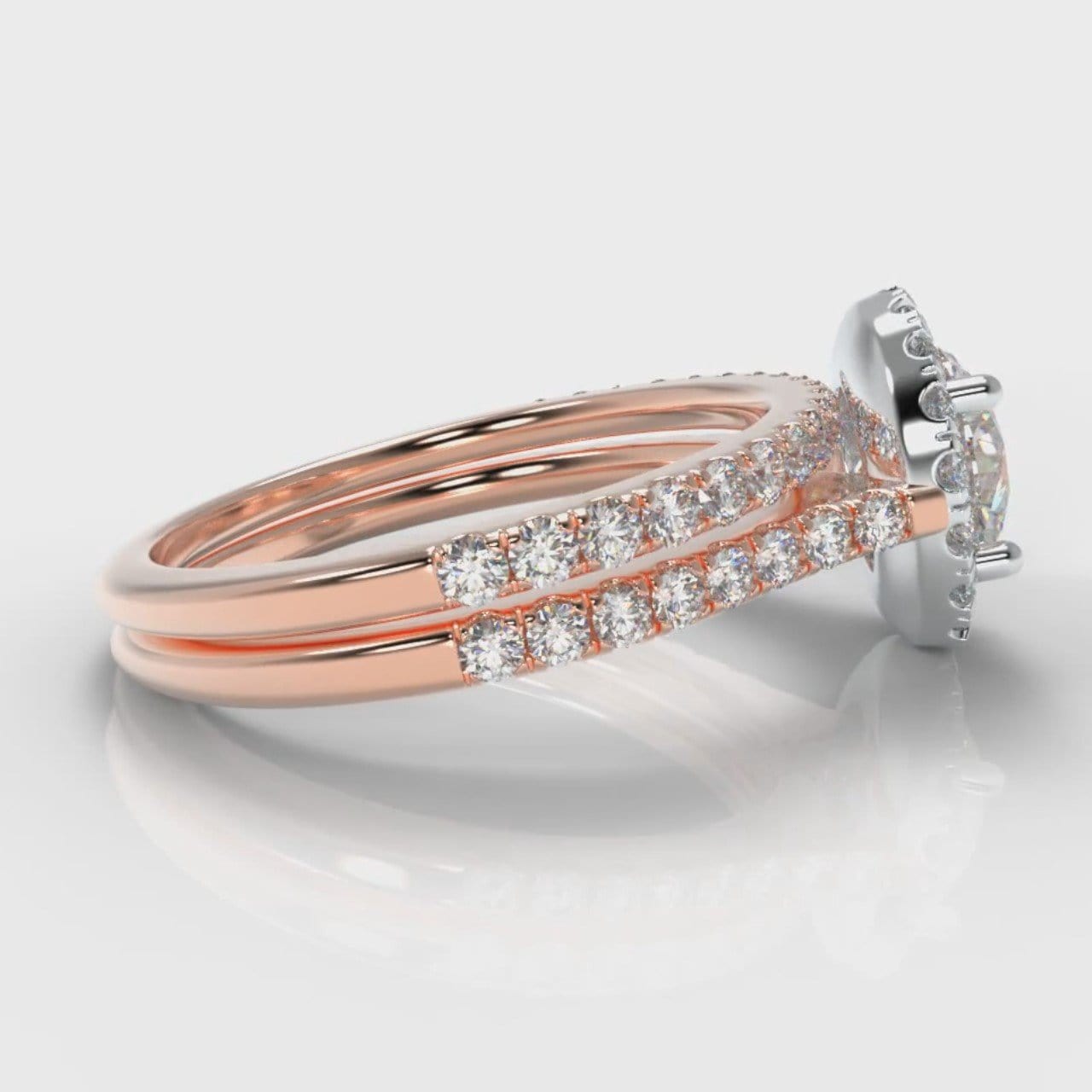 Petite Micropavé Round Brilliant Cut Diamond Halo Bridal Set - Two Tone Rose Gold