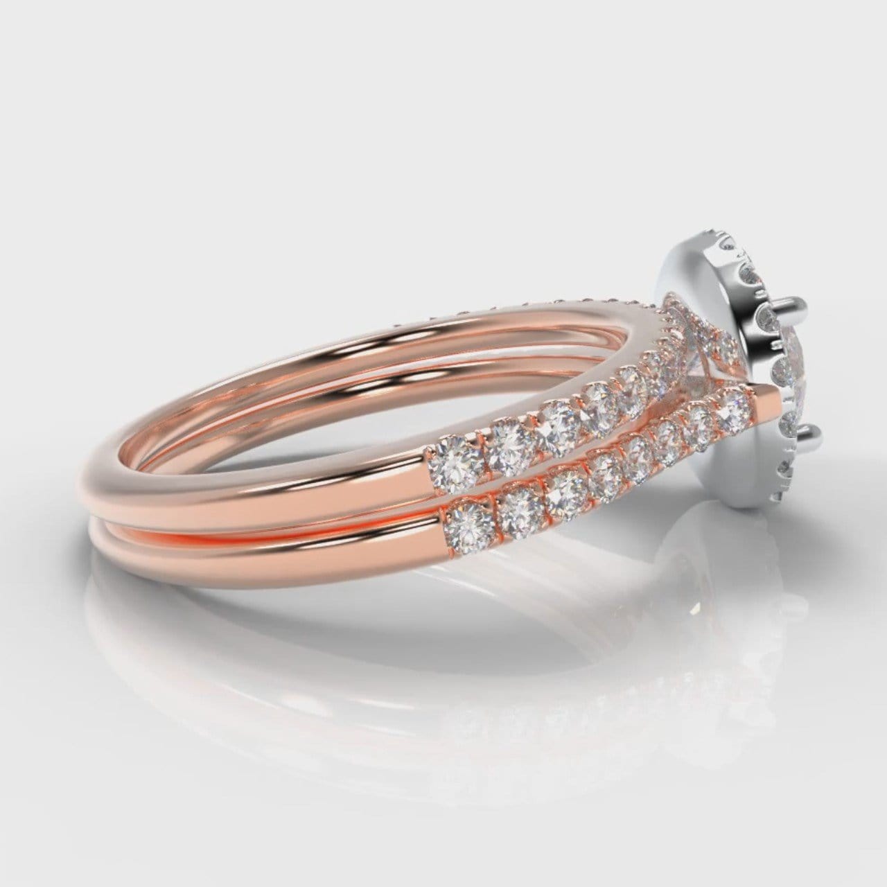 Petite Micropavé Round Brilliant Cut Diamond Halo Bridal Set - Two Tone Rose Gold