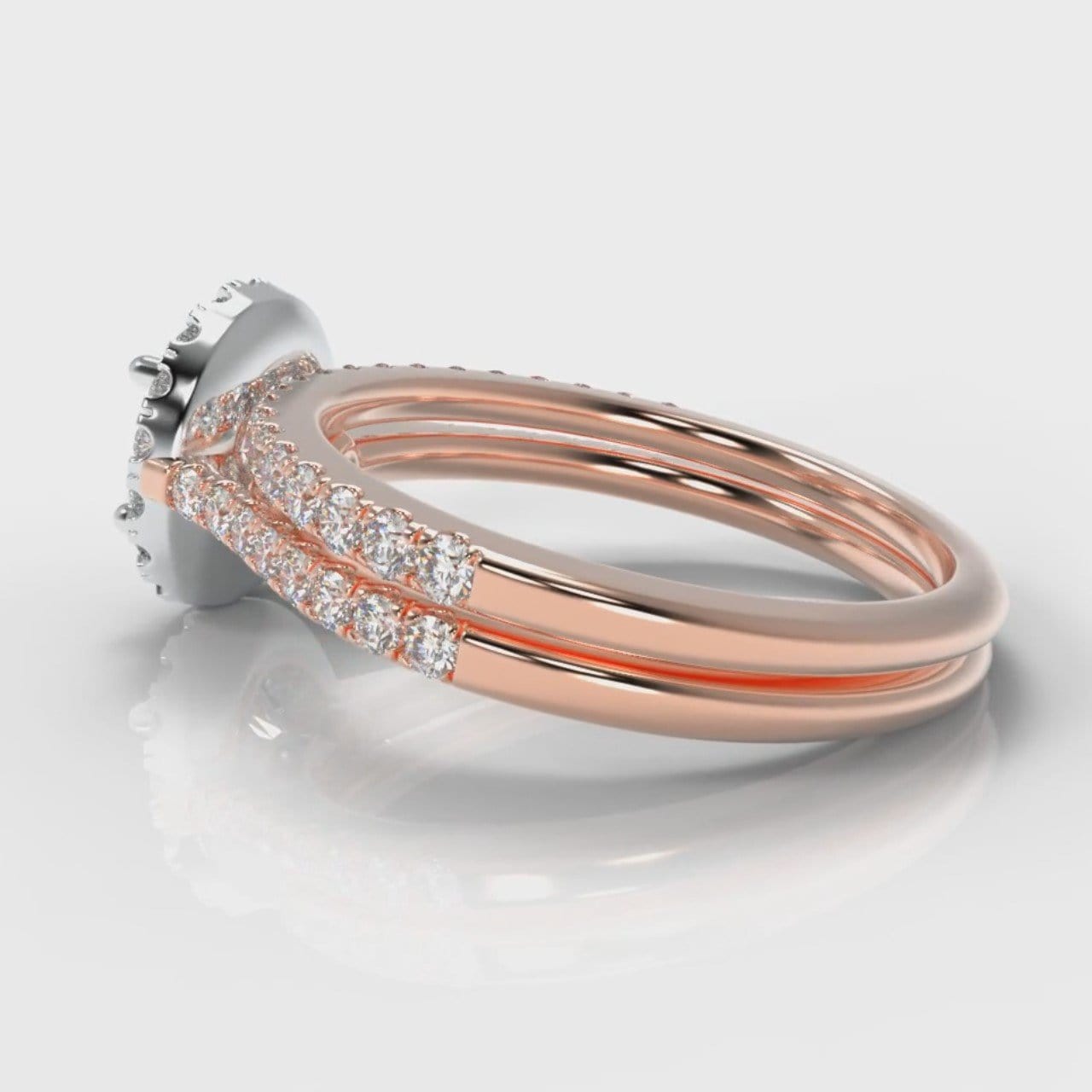 Petite Micropavé Round Brilliant Cut Diamond Halo Bridal Set - Two Tone Rose Gold
