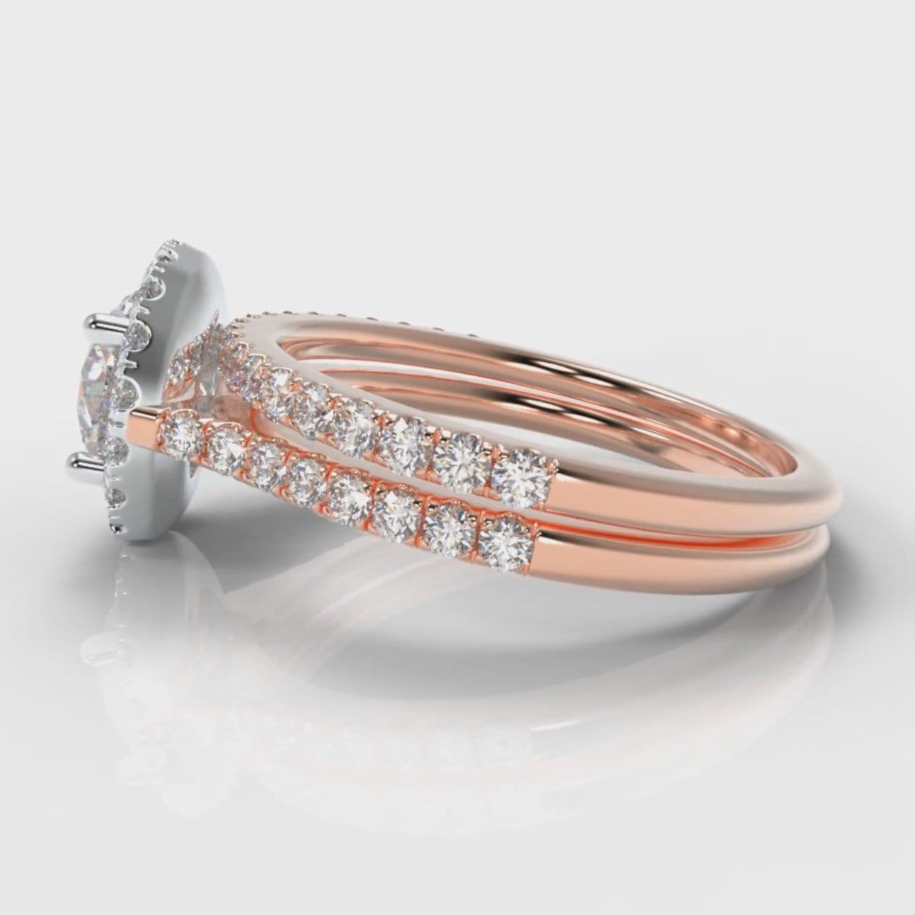 Petite Micropavé Round Brilliant Cut Diamond Halo Bridal Set - Two Tone Rose Gold