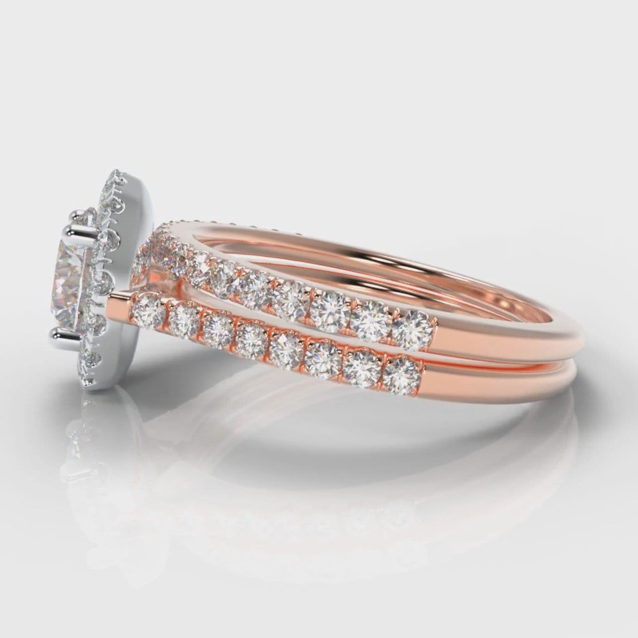 Petite Micropavé Round Brilliant Cut Diamond Halo Bridal Set - Two Tone Rose Gold