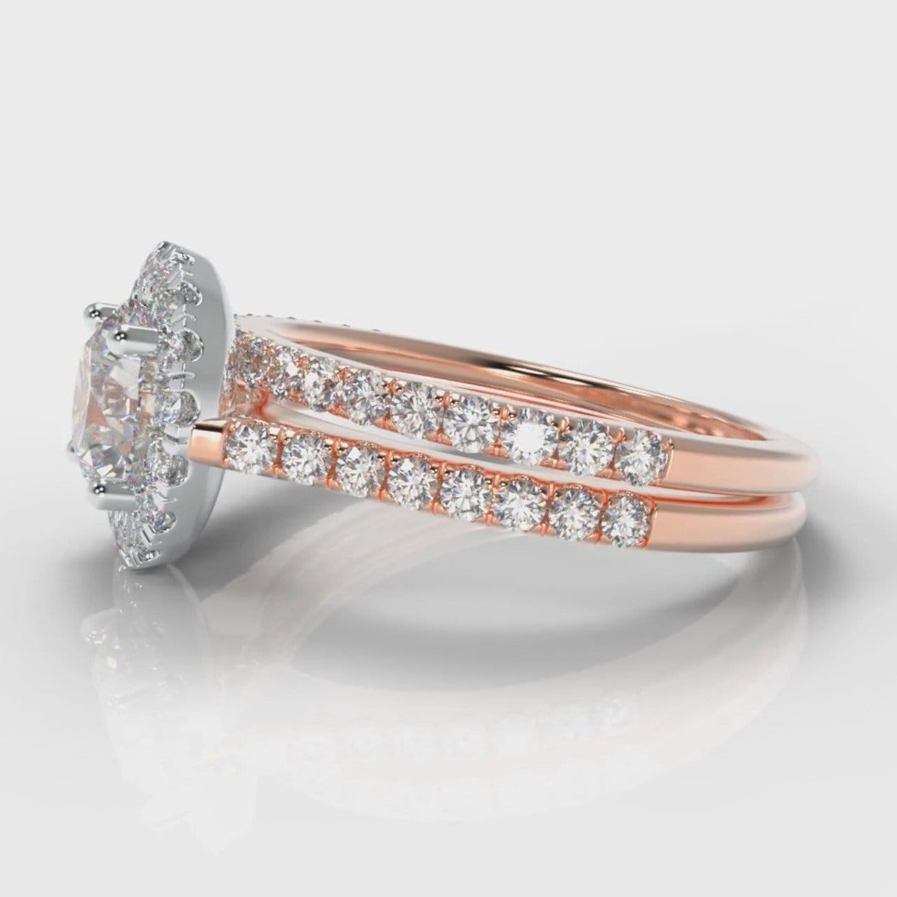 Petite Micropavé Round Brilliant Cut Diamond Halo Bridal Set - Two Tone Rose Gold