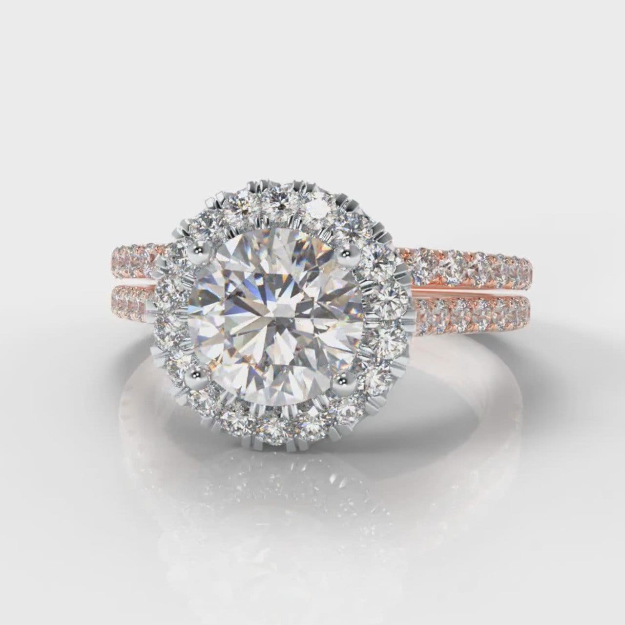Petite Micropavé Round Brilliant Cut Diamond Halo Bridal Set - Two Tone Rose Gold