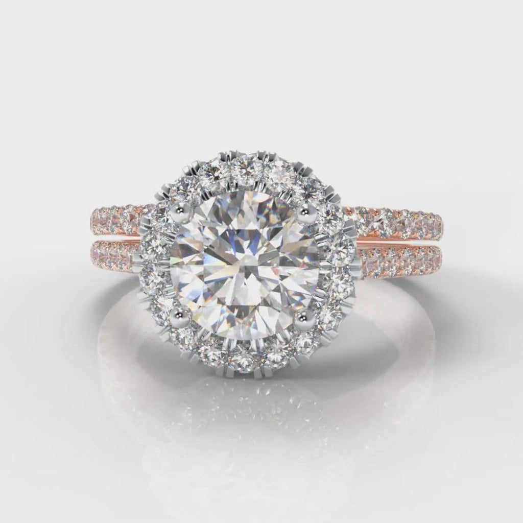 Petite Micropavé Round Brilliant Cut Diamond Halo Bridal Set - Two Tone Rose Gold