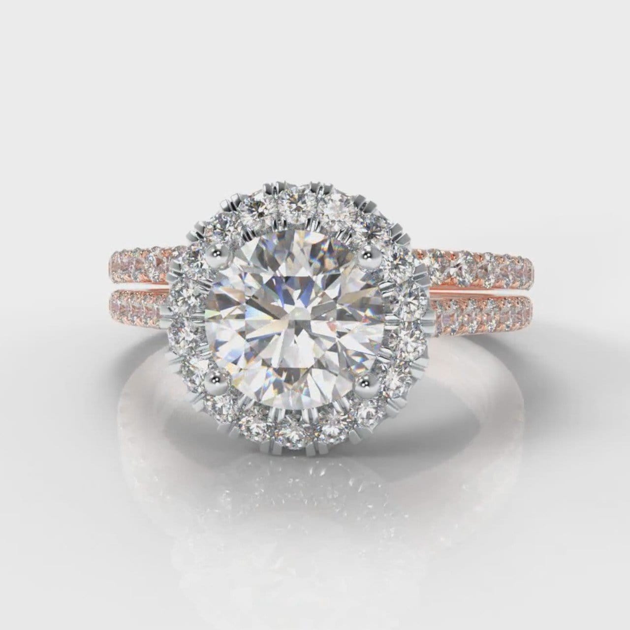 Petite Micropavé Round Brilliant Cut Diamond Halo Bridal Set - Two Tone Rose Gold
