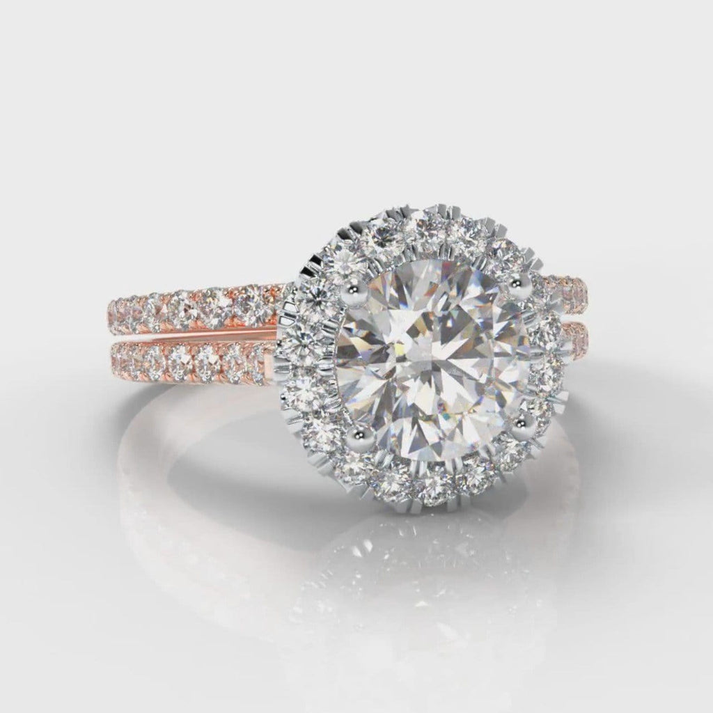 Petite Micropavé Round Brilliant Cut Diamond Halo Bridal Set - Two Tone Rose Gold