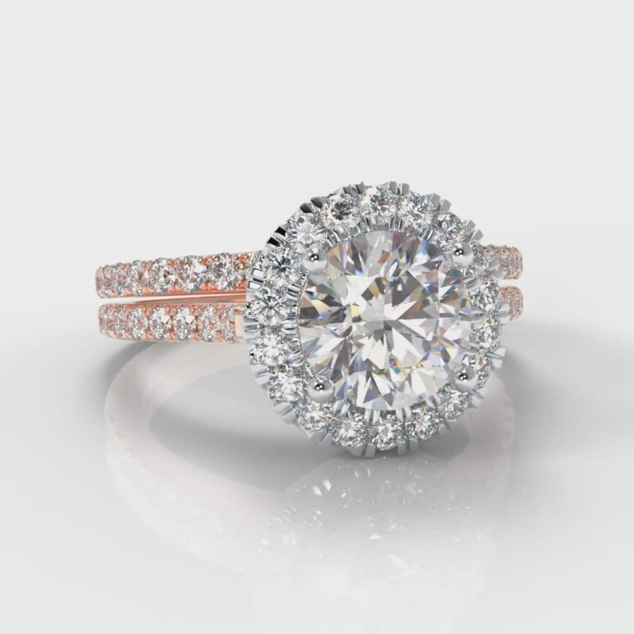 Petite Micropavé Round Brilliant Cut Diamond Halo Bridal Set - Two Tone Rose Gold