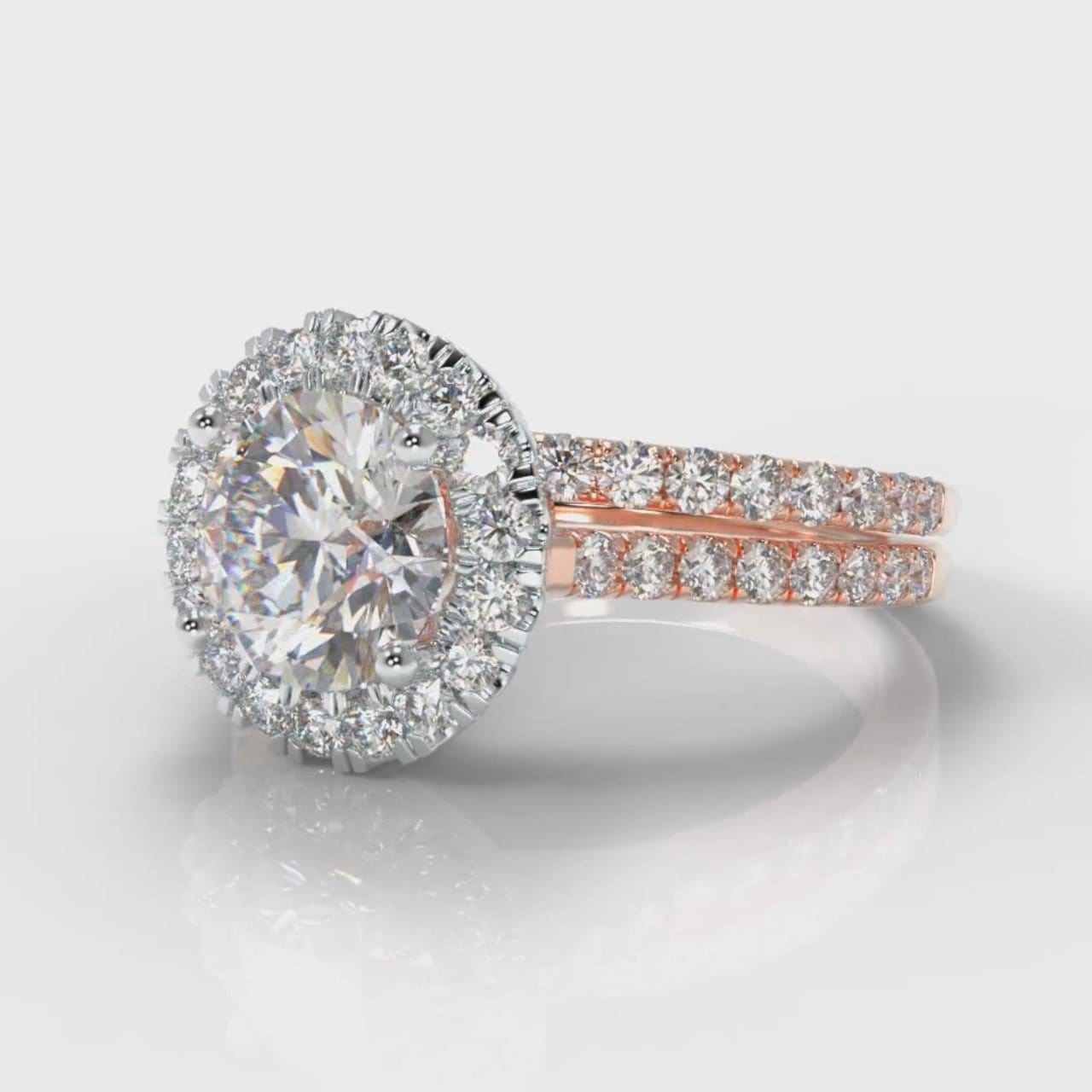Petite Micropavé Round Brilliant Cut Diamond Halo Bridal Set - Two Tone Rose Gold