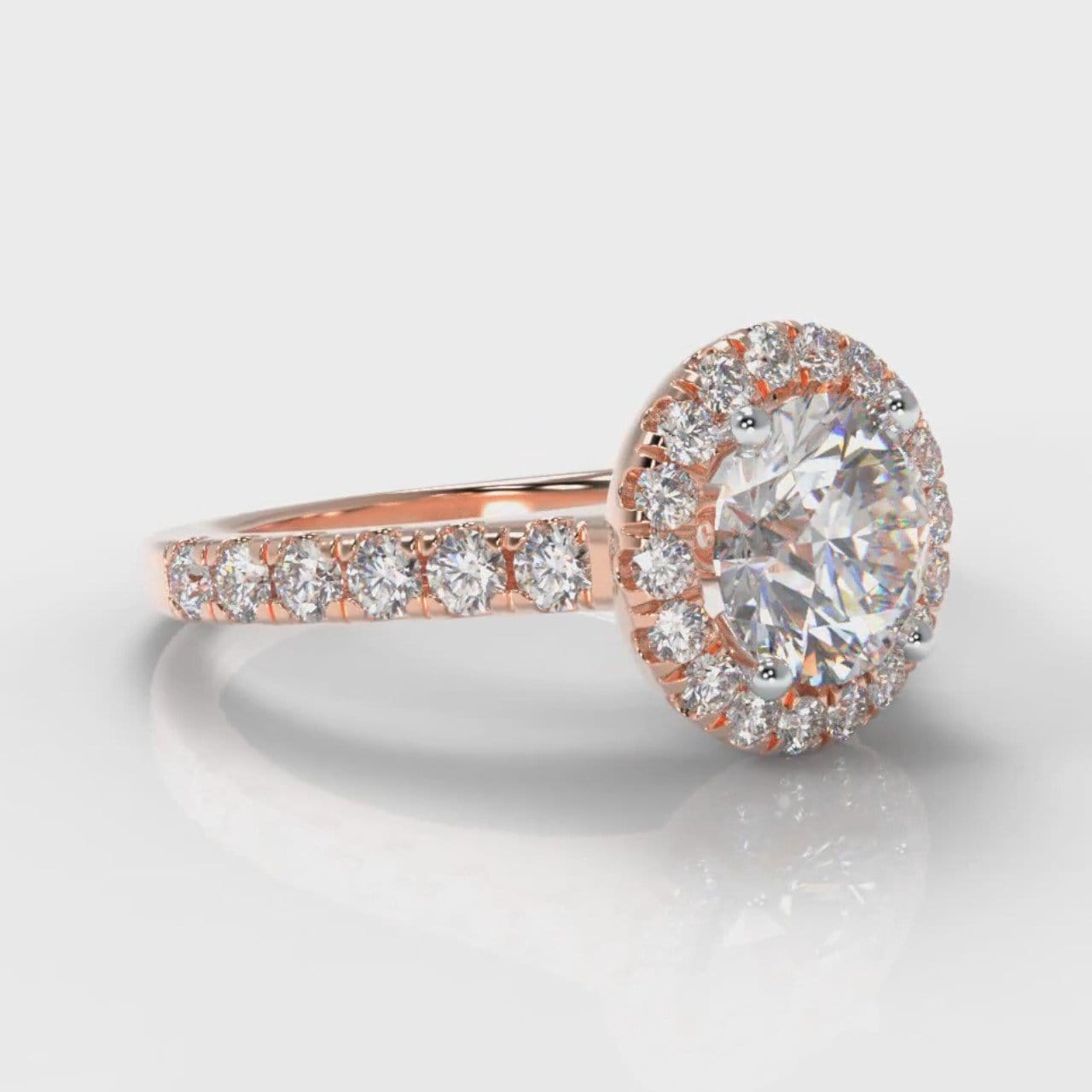 Micropavé Round Brilliant Cut Diamond Halo Engagement Ring - Rose Gold