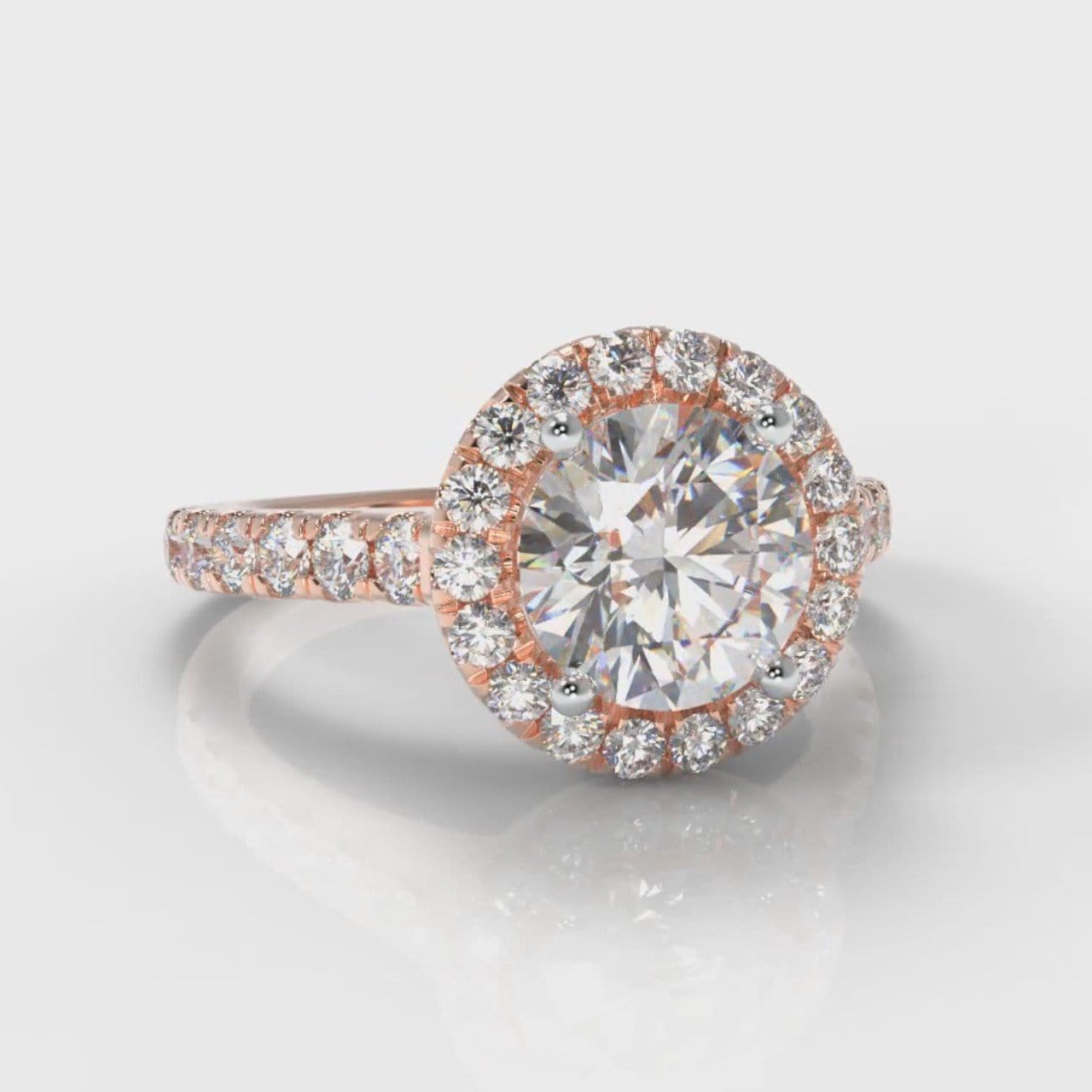 Micropavé Round Brilliant Cut Diamond Halo Engagement Ring - Rose Gold