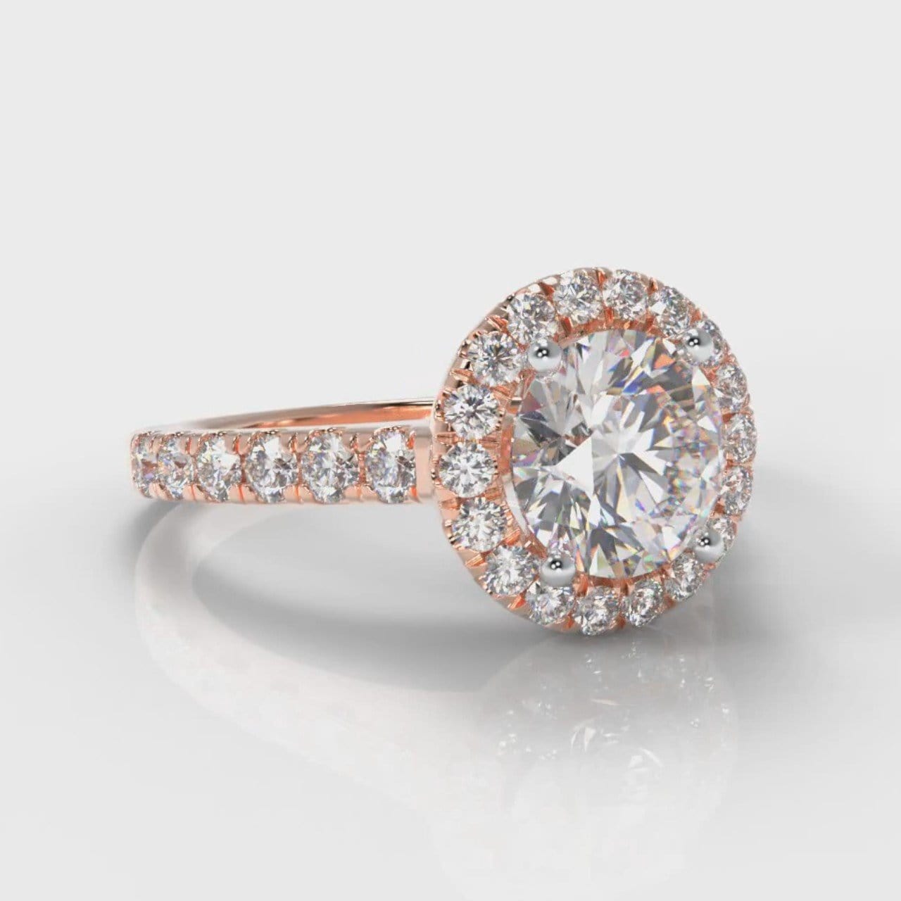 Micropavé Round Brilliant Cut Diamond Halo Engagement Ring - Rose Gold