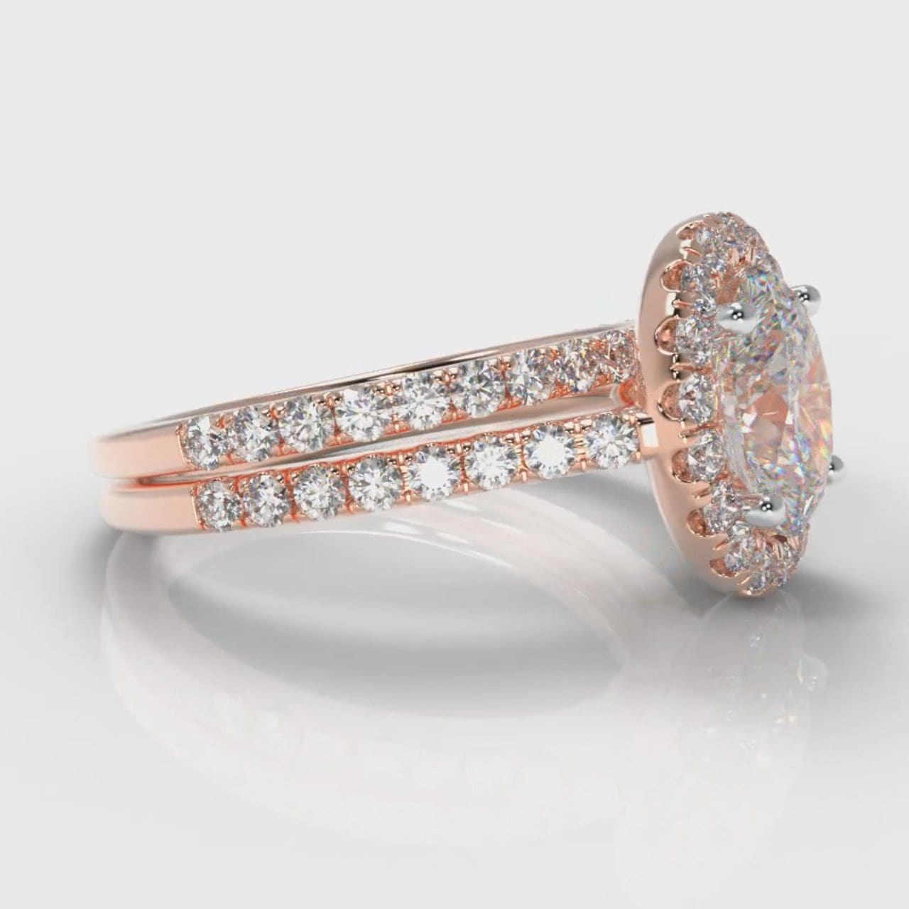 Petite Micropavé Oval Diamond Halo Bridal Set - Rose Gold