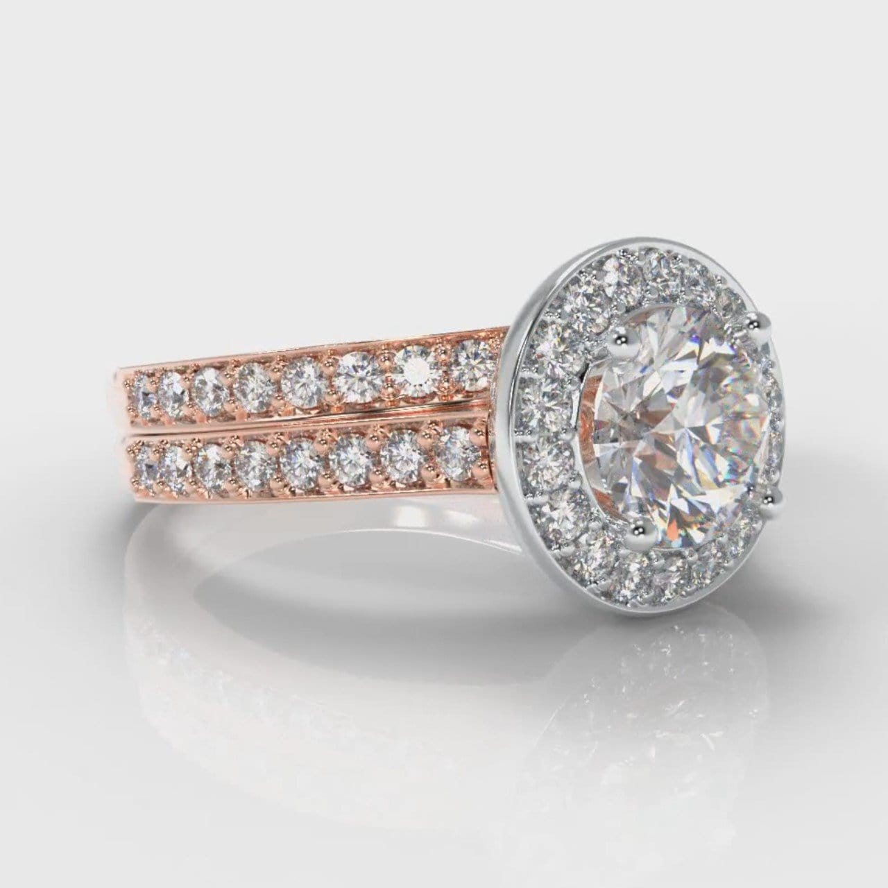 Pavé Round Brilliant Diamond Halo Bridal Set - Two Tone Rose Gold