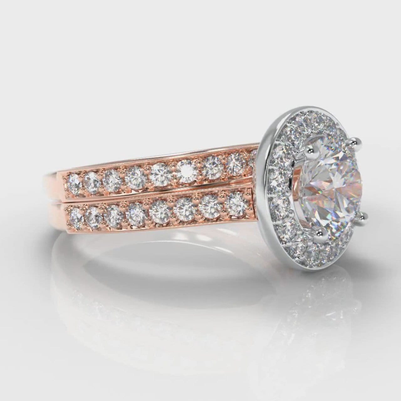 Pavé Round Brilliant Diamond Halo Bridal Set - Two Tone Rose Gold