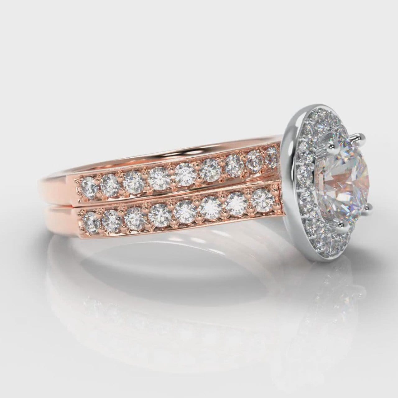 Pavé Round Brilliant Diamond Halo Bridal Set - Two Tone Rose Gold