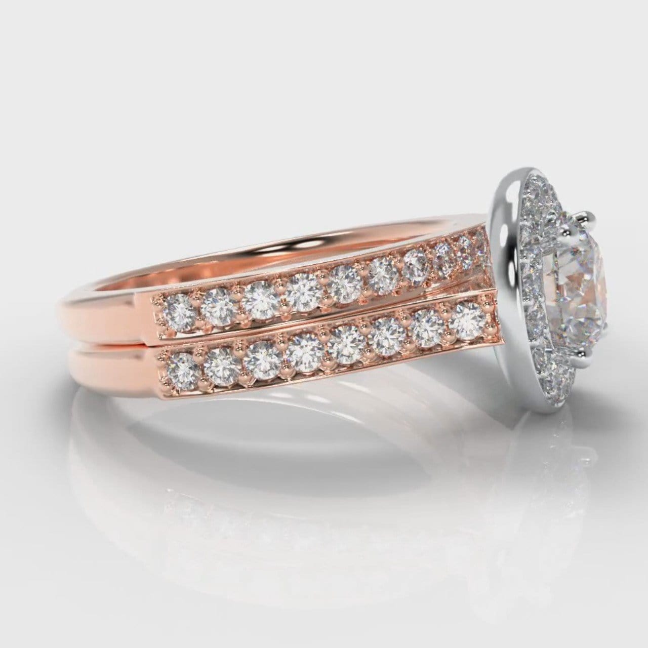 Pavé Round Brilliant Diamond Halo Bridal Set - Two Tone Rose Gold