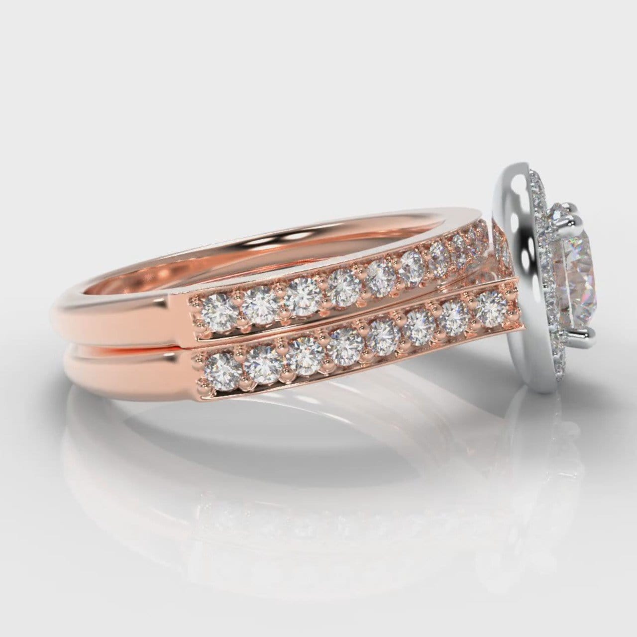 Pavé Round Brilliant Diamond Halo Bridal Set - Two Tone Rose Gold
