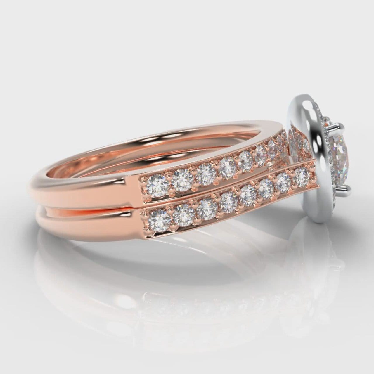 Pavé Round Brilliant Diamond Halo Bridal Set - Two Tone Rose Gold