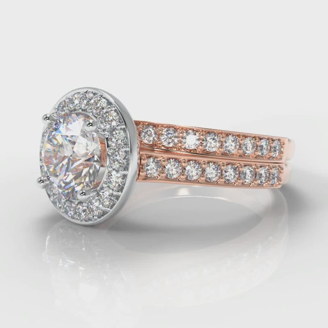 Pavé Round Brilliant Diamond Halo Bridal Set - Two Tone Rose Gold
