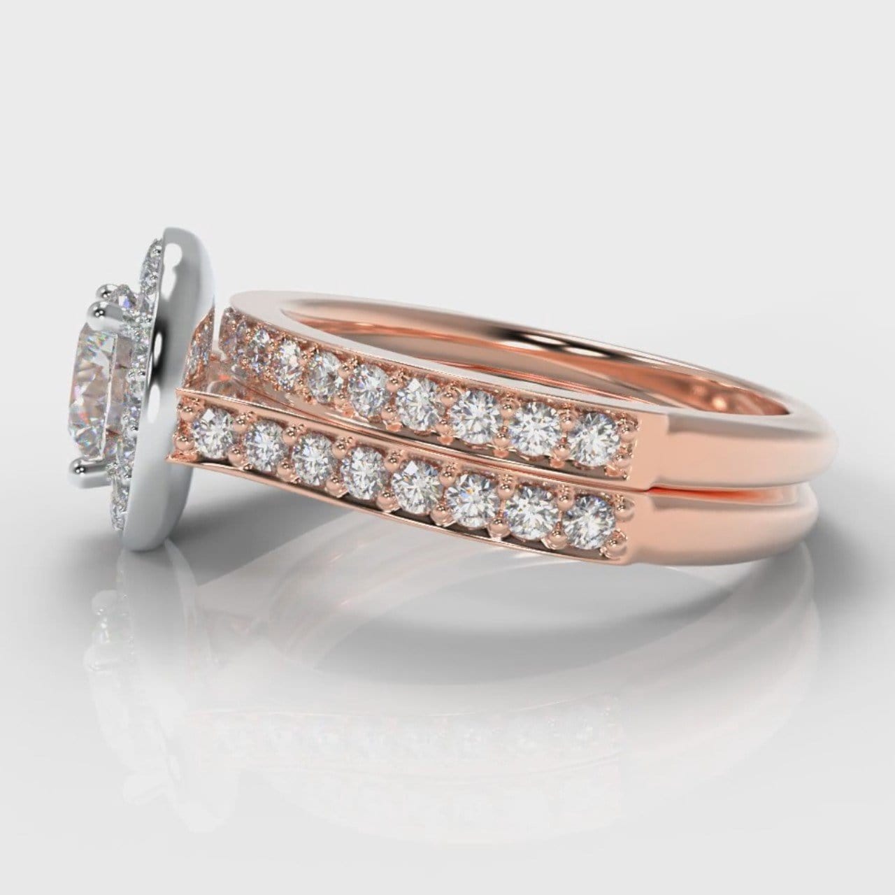 Pavé Round Brilliant Diamond Halo Bridal Set - Two Tone Rose Gold