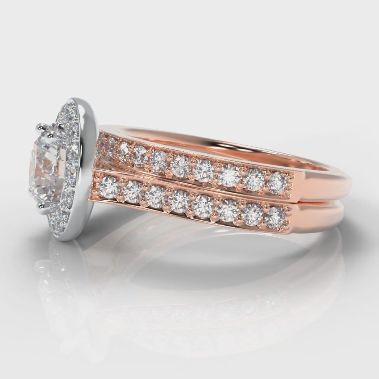 Pavé Round Brilliant Diamond Halo Bridal Set - Two Tone Rose Gold