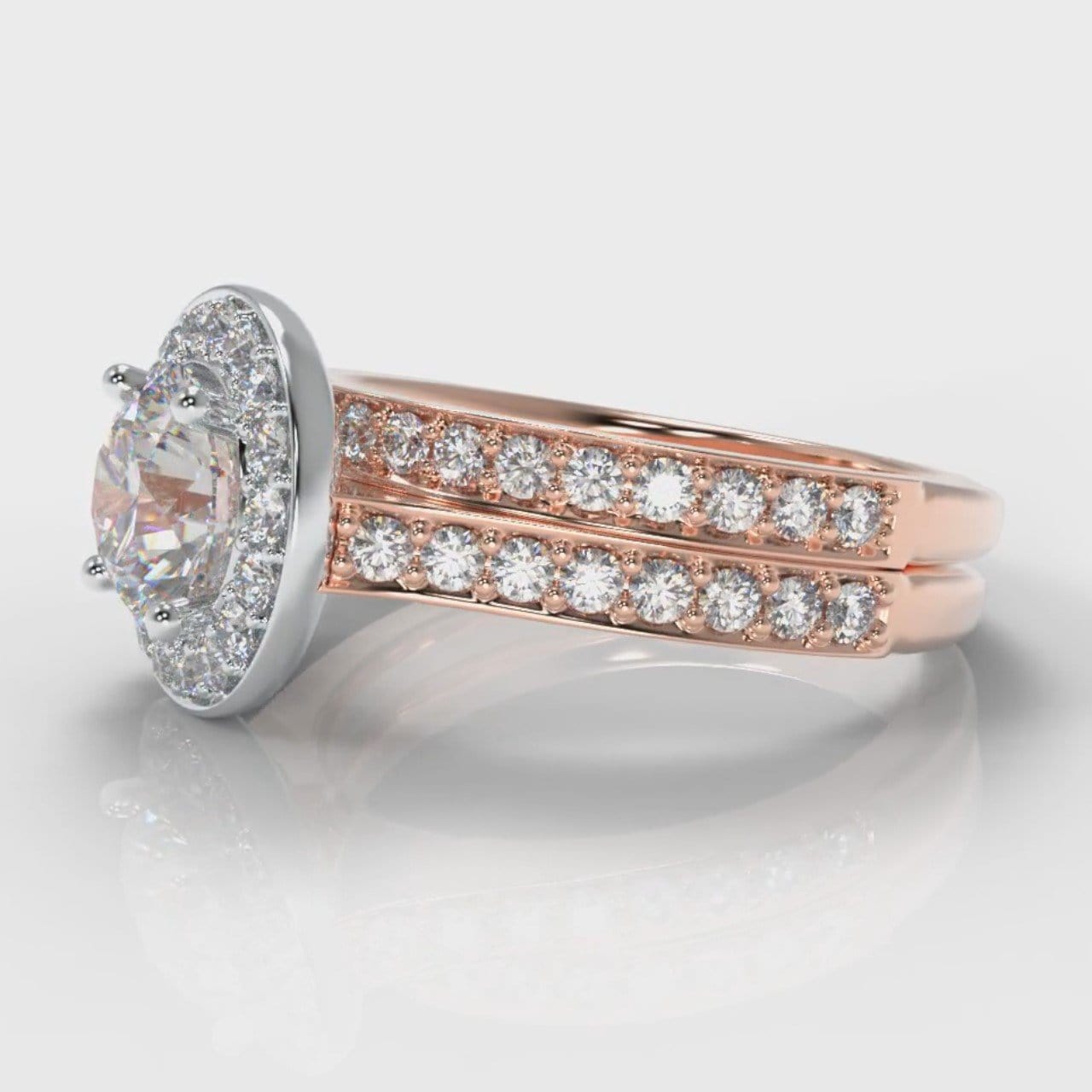 Pavé Round Brilliant Diamond Halo Bridal Set - Two Tone Rose Gold