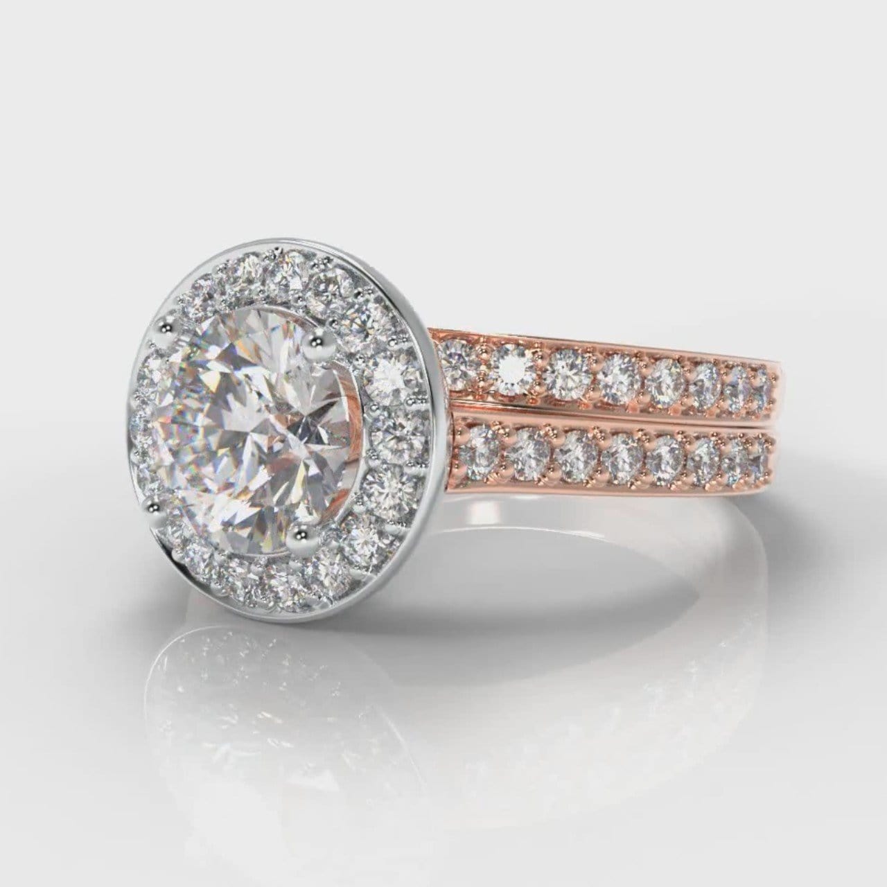 Pavé Round Brilliant Diamond Halo Bridal Set - Two Tone Rose Gold