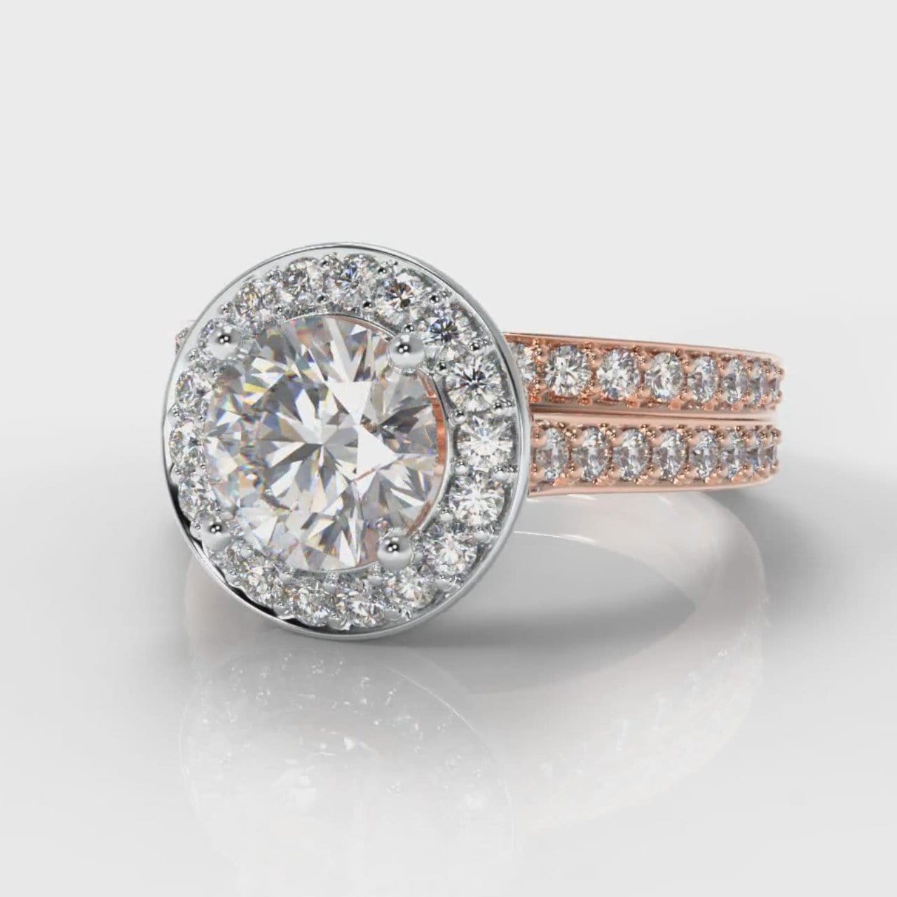 Pavé Round Brilliant Diamond Halo Bridal Set - Two Tone Rose Gold