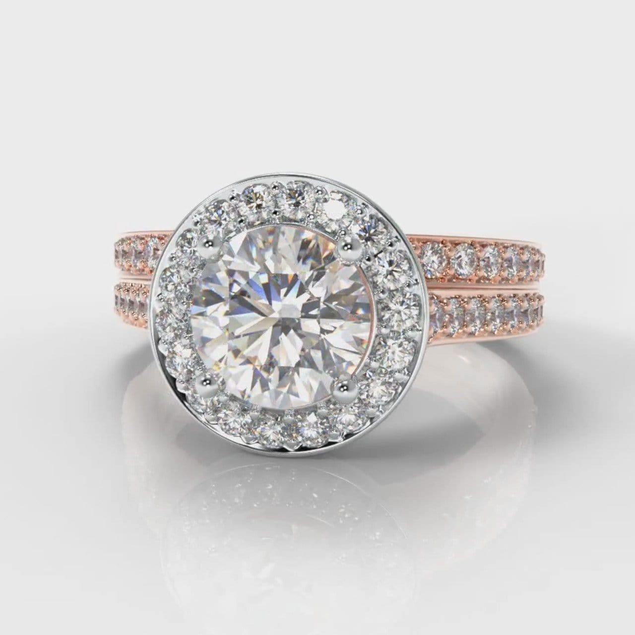 Pavé Round Brilliant Diamond Halo Bridal Set - Two Tone Rose Gold