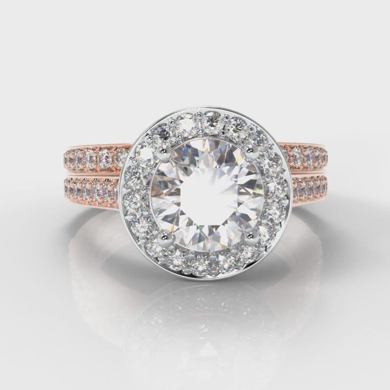 Pavé Round Brilliant Diamond Halo Bridal Set - Two Tone Rose Gold
