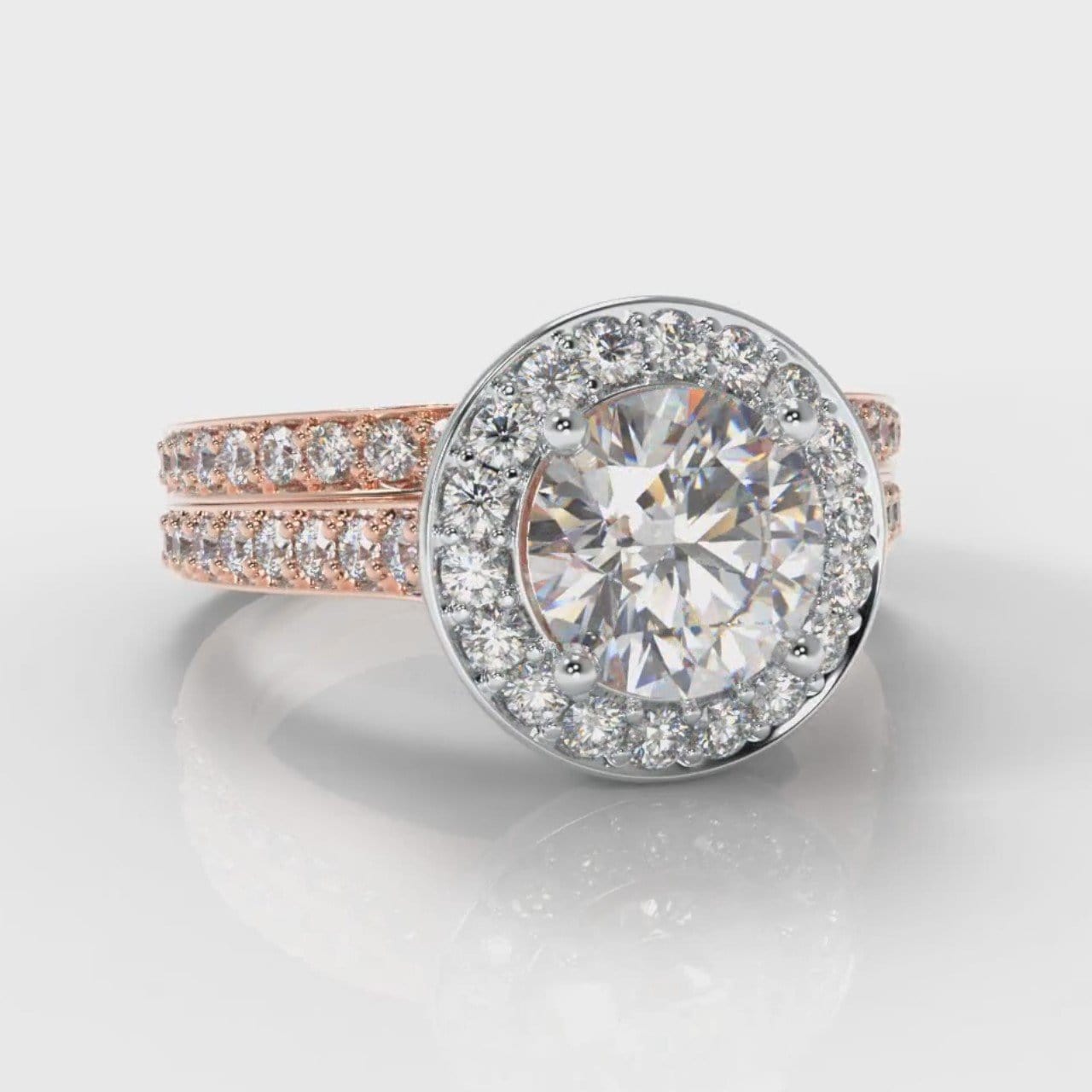 Pavé Round Brilliant Diamond Halo Bridal Set - Two Tone Rose Gold
