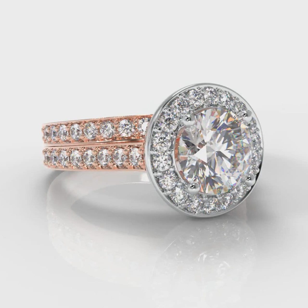 Pavé Round Brilliant Diamond Halo Bridal Set - Two Tone Rose Gold