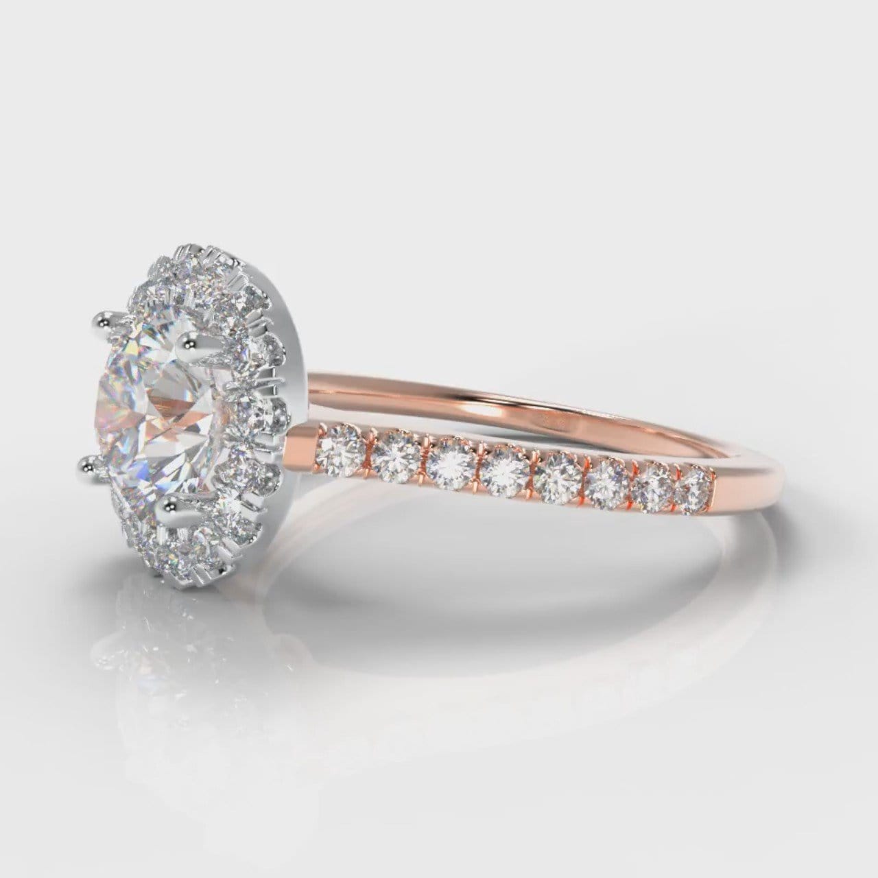 Petite Micropavé Round Brilliant Cut Diamond Halo Engagement Ring - Two Tone Rose Gold